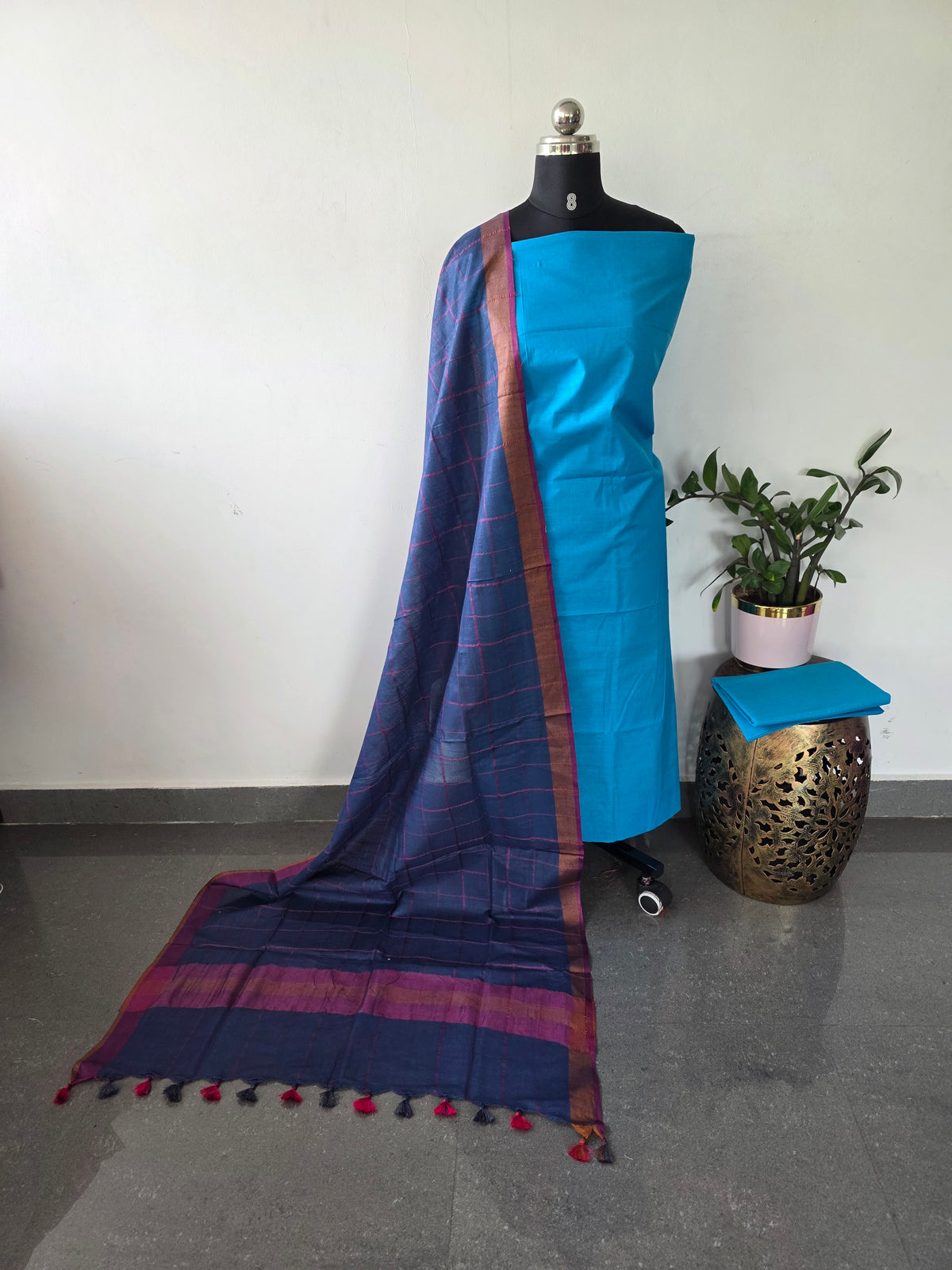 Bhagalpuri katan set with cotton linen duppatta- BA612