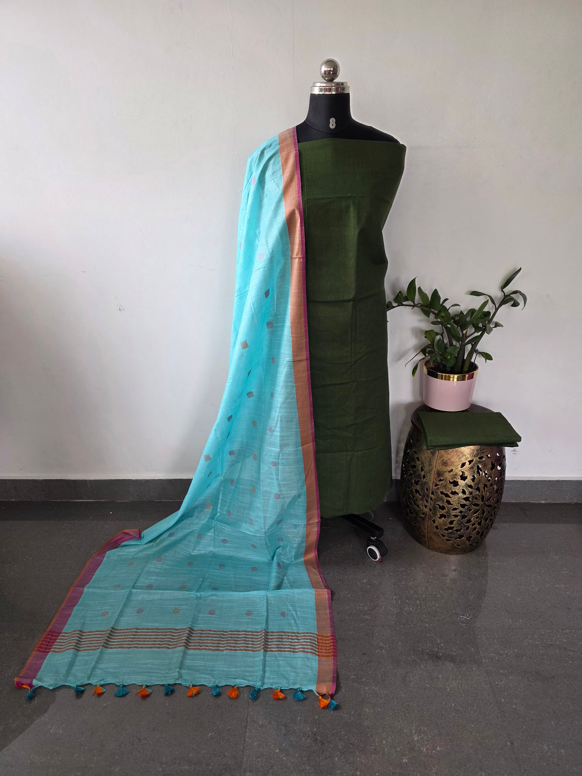 Bhagalpuri katan set with cotton linen duppatta- BA605