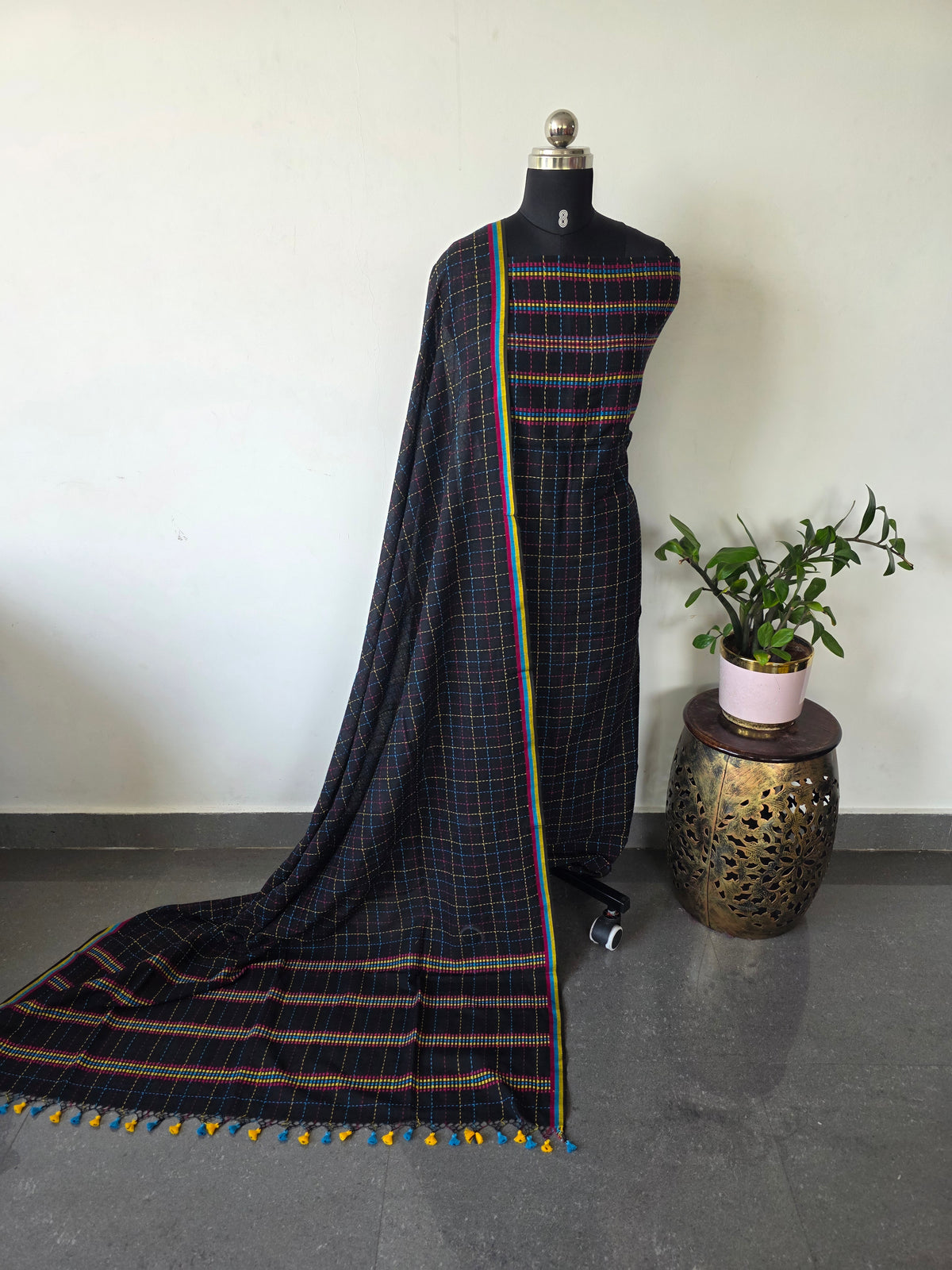 Checked kantha embroidery mul cotton set(black) -HZ412
