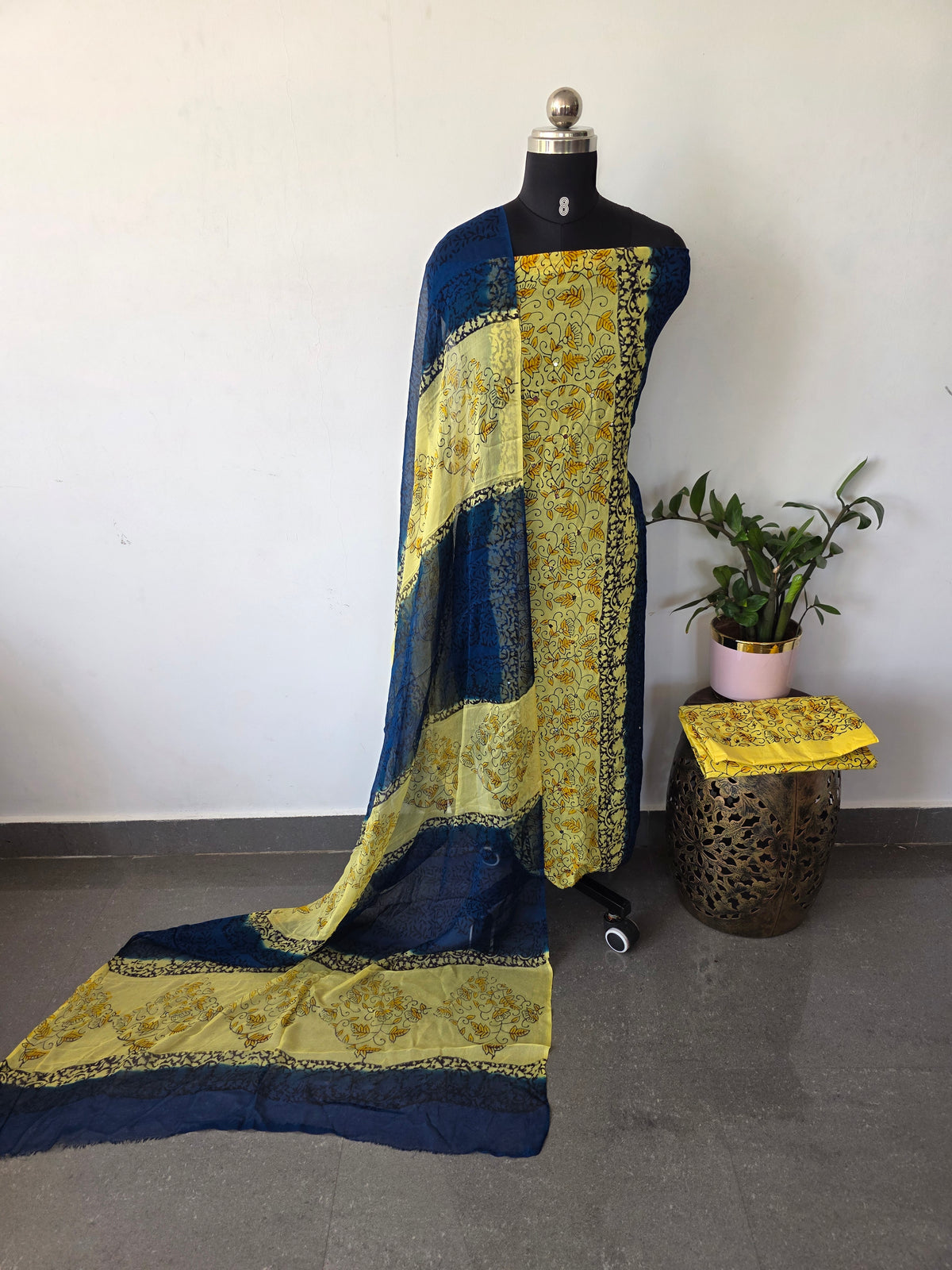 Handblock georgette salwar set with handwork mirror work-GE284