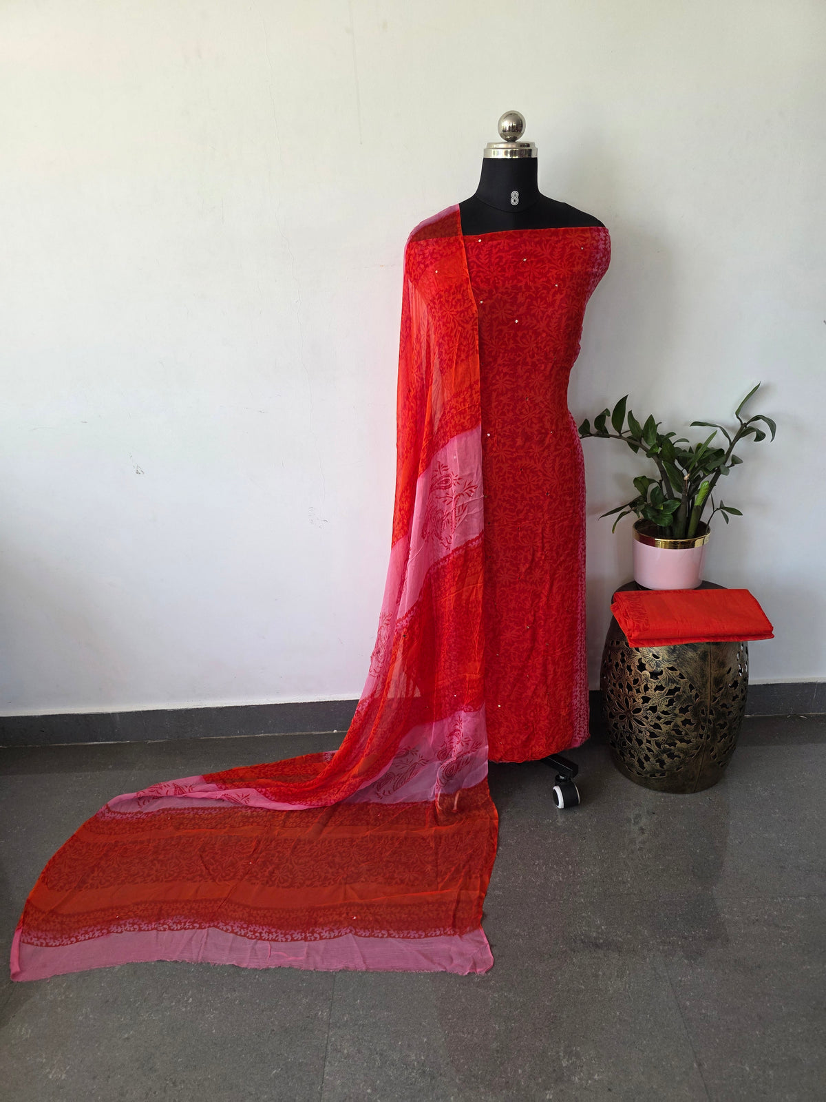 Handblock georgette salwar set with handwork mirror work-GE288