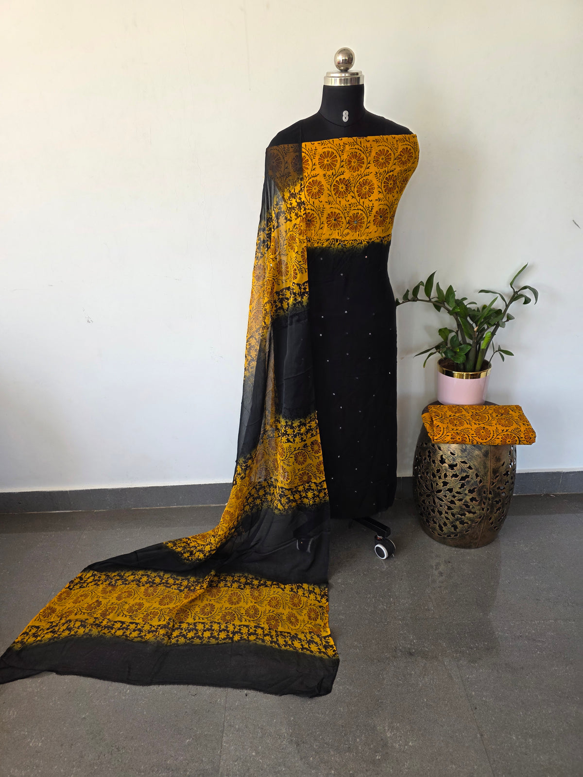 Handblock georgette salwar set with handwork mirror work(black)-GE290