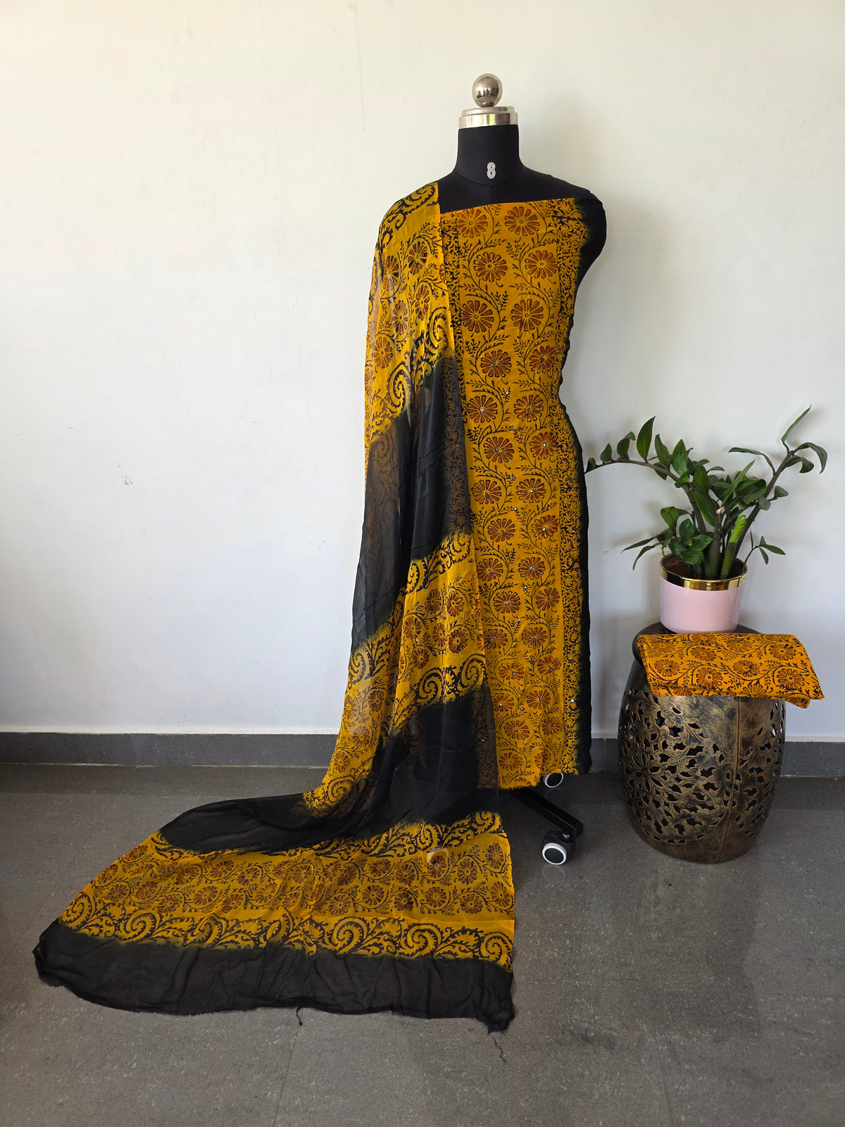 Handblock georgette salwar set with handwork mirror work(Black)-GE286
