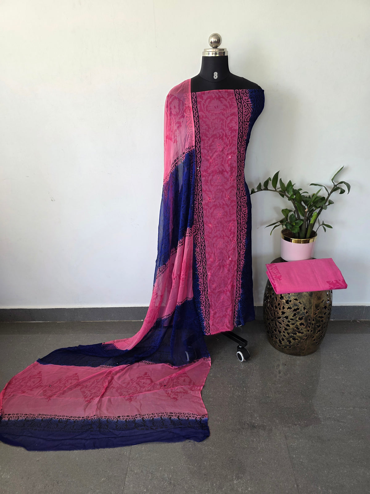 Handblock georgette salwar set with handwork mirror work-GE285