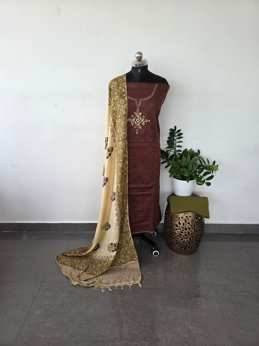 Premium dobby cotton top with soft kalamkari silk shawl - Brown