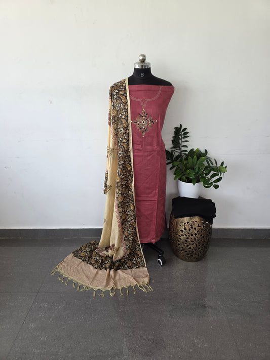 Premium dobby cotton top with soft kalamkari silk shawl - pink
