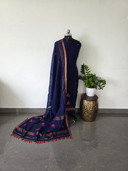 premium handloom pure linen jamdhani  set - PJ12