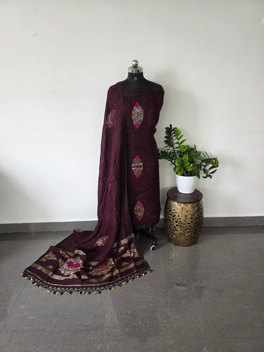premium handloom pure linen jamdhani set - PJ13