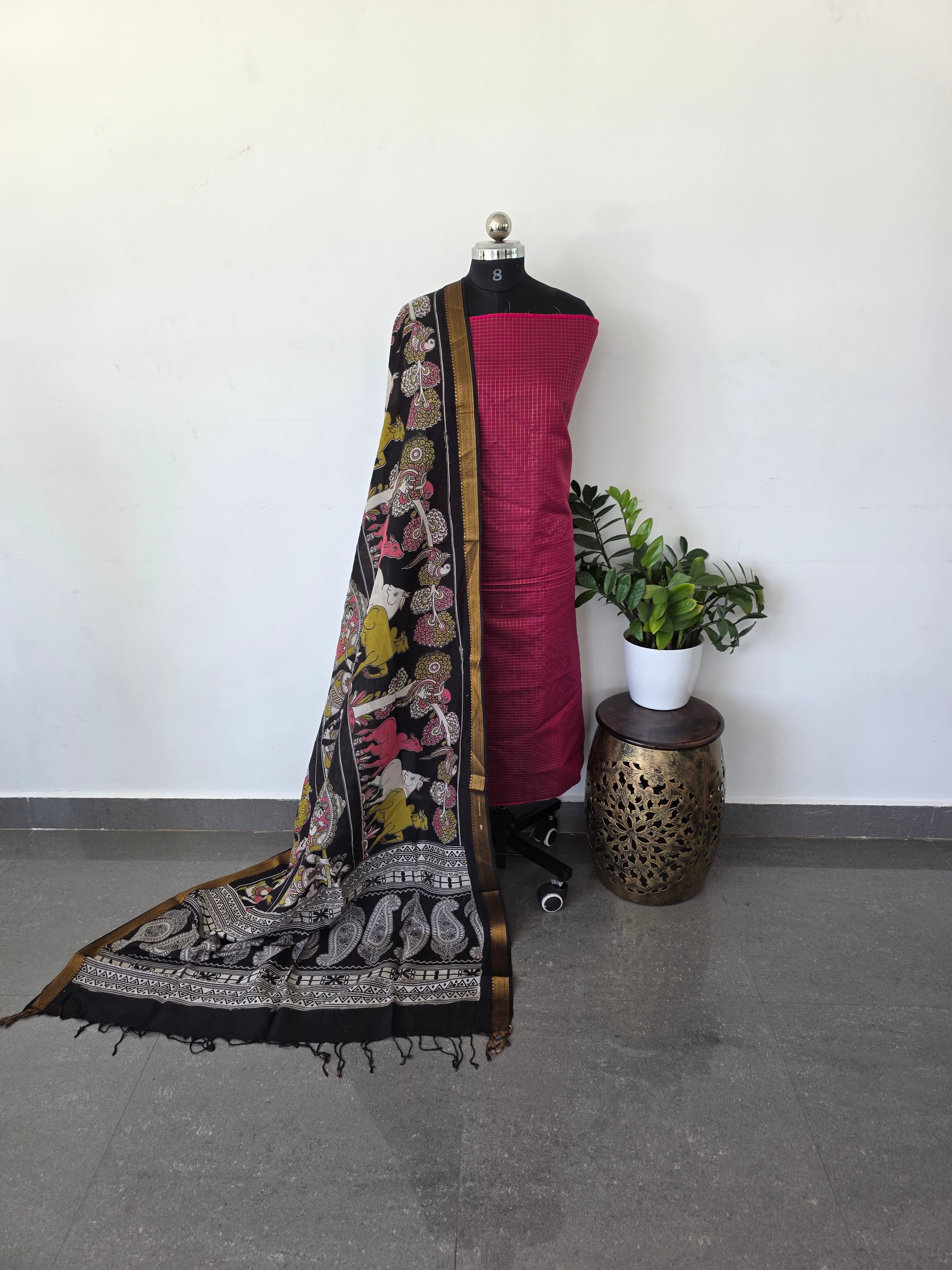 Premium semi soft silk or raw silk top with pure kalamkari silk shawl- MM17