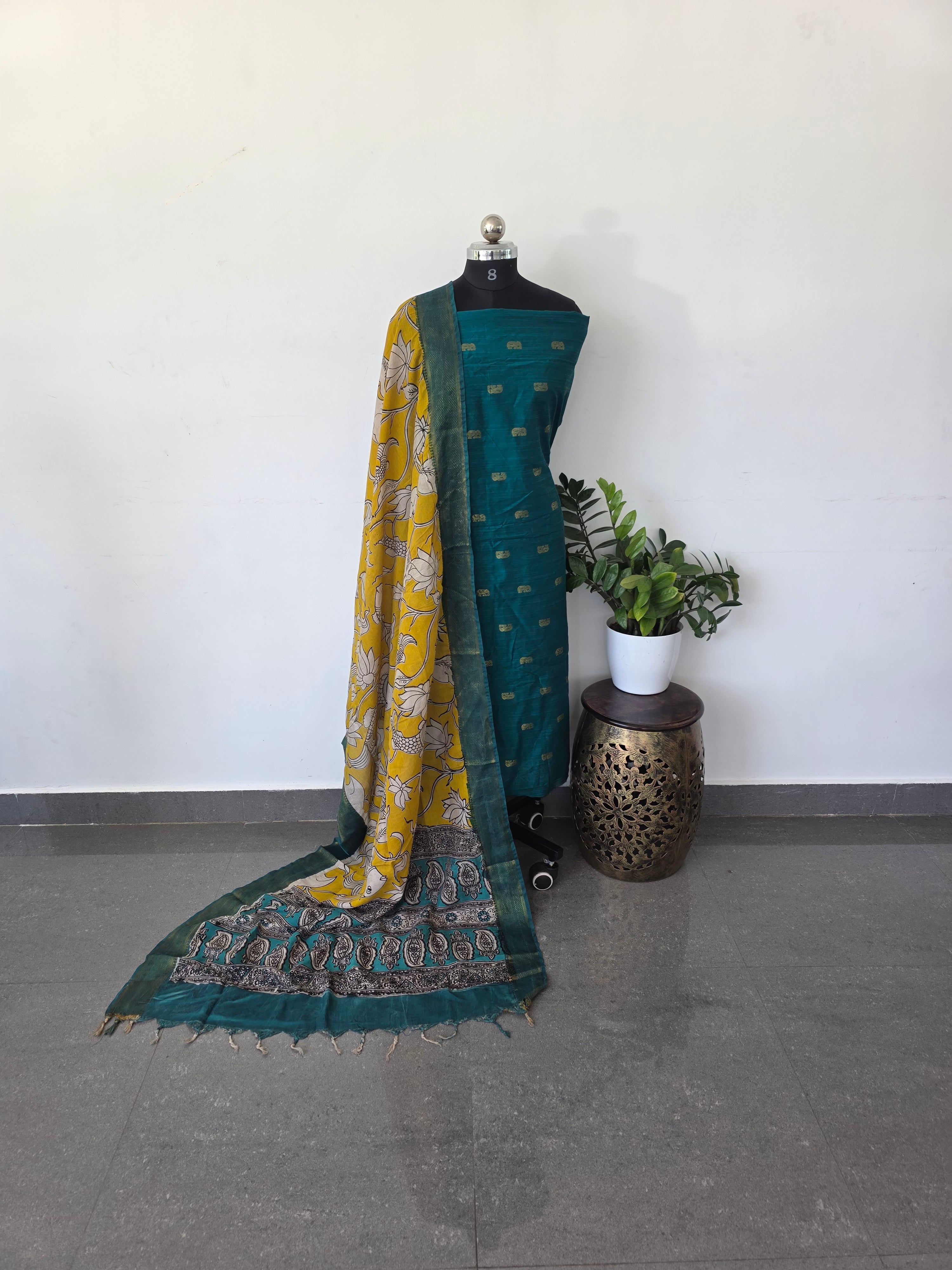 Premium semi soft silk or raw silk top with pure kalamkari silk shawl - MM7