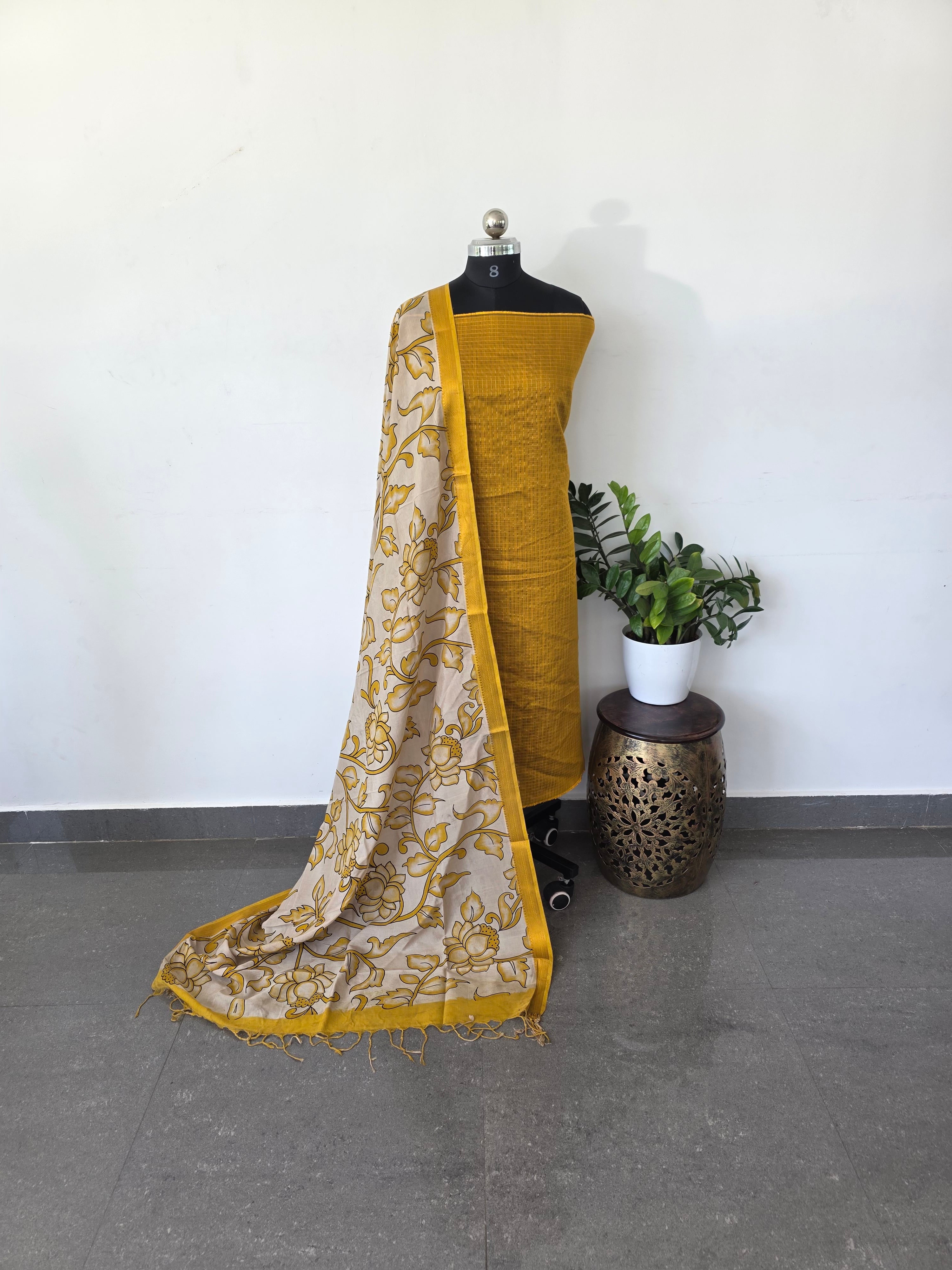 Premium semi soft silk or raw silk top with pure kalamkari silk shawl - MM11
