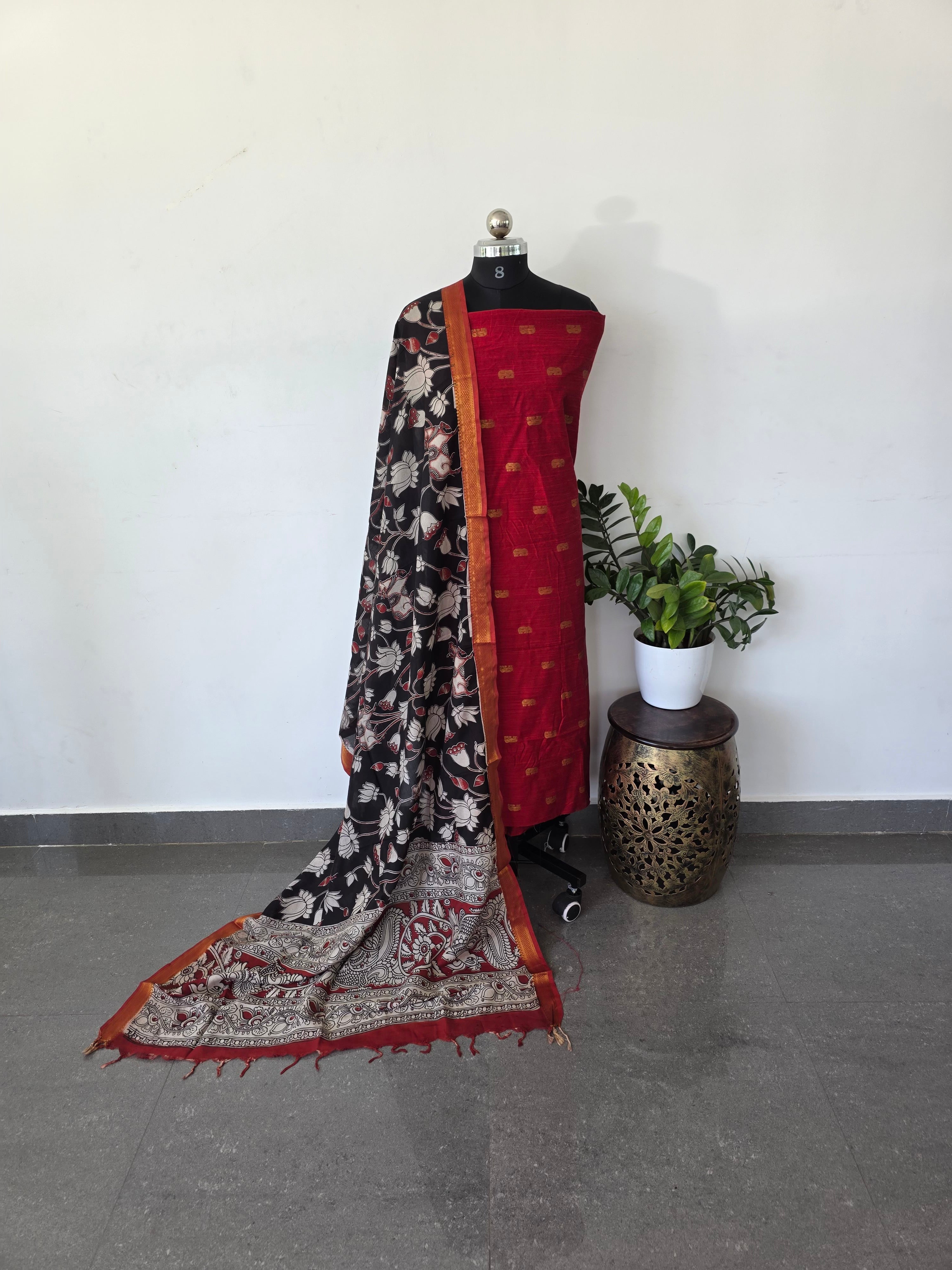 Premium semi soft silk or raw silk top with pure Kalamkari silk shawl - MM1