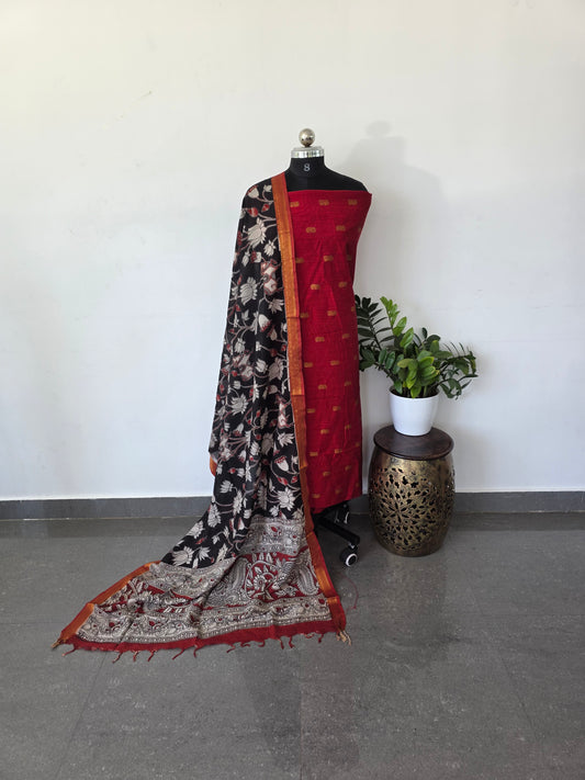 Premium semi soft silk or raw silk top with pure Kalamkari silk shawl - MM1