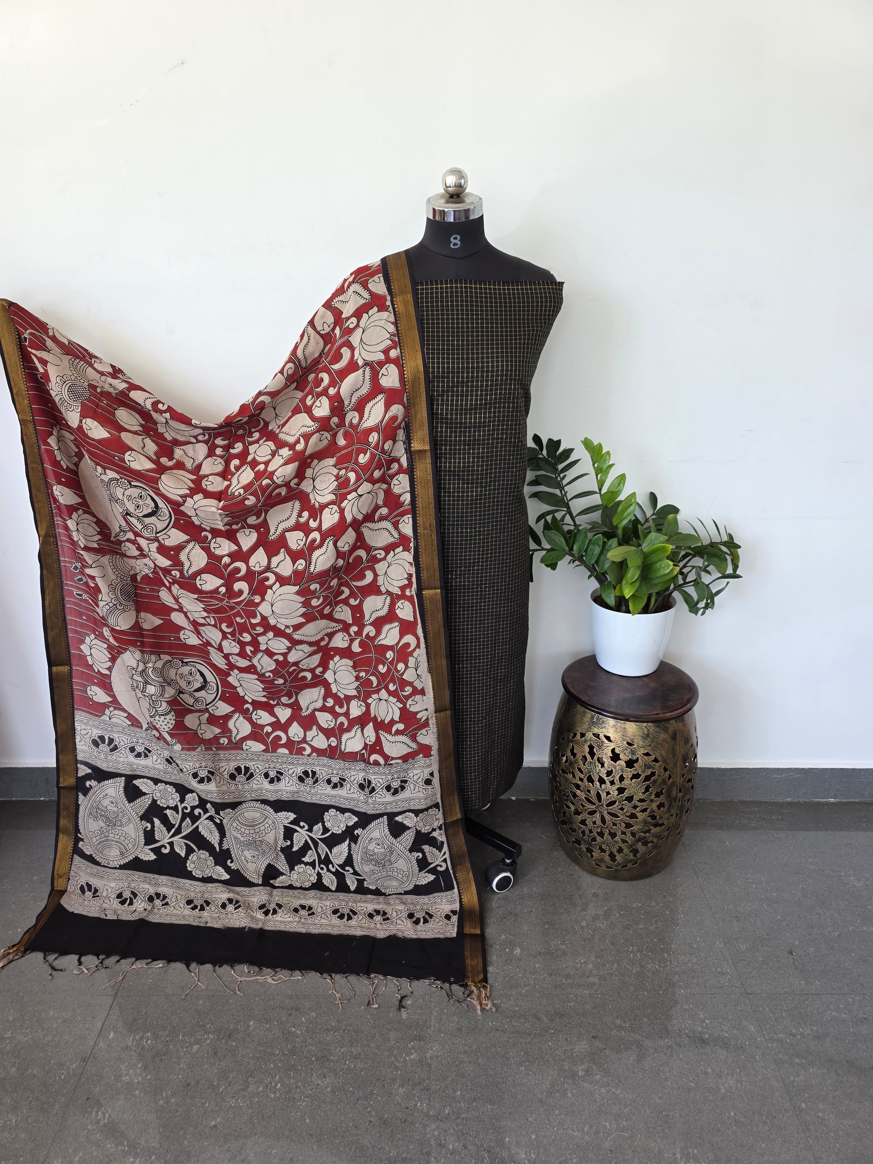 Premium semi soft silk or raw silk top with pure kalamkari silk shawl - MM19