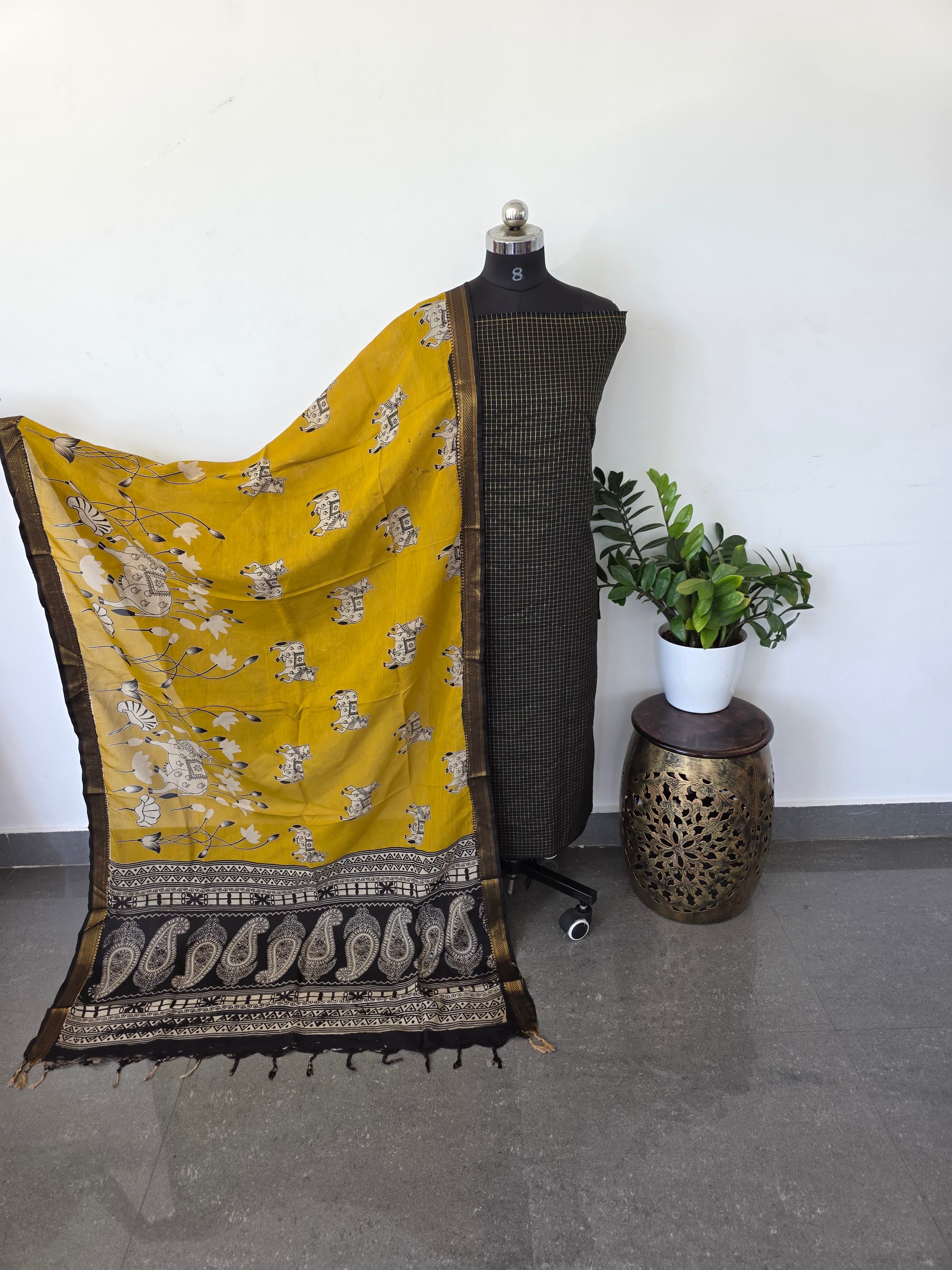 Premium semi soft silk or raw silk top with pure kalamkari silk shawl - MM20
