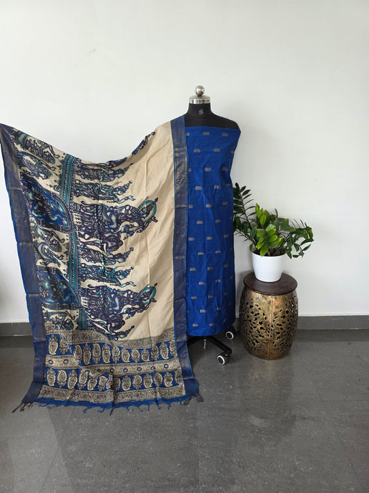 Premium semi soft silk or raw silk top with pure Kalamkari silk shawl - MM6