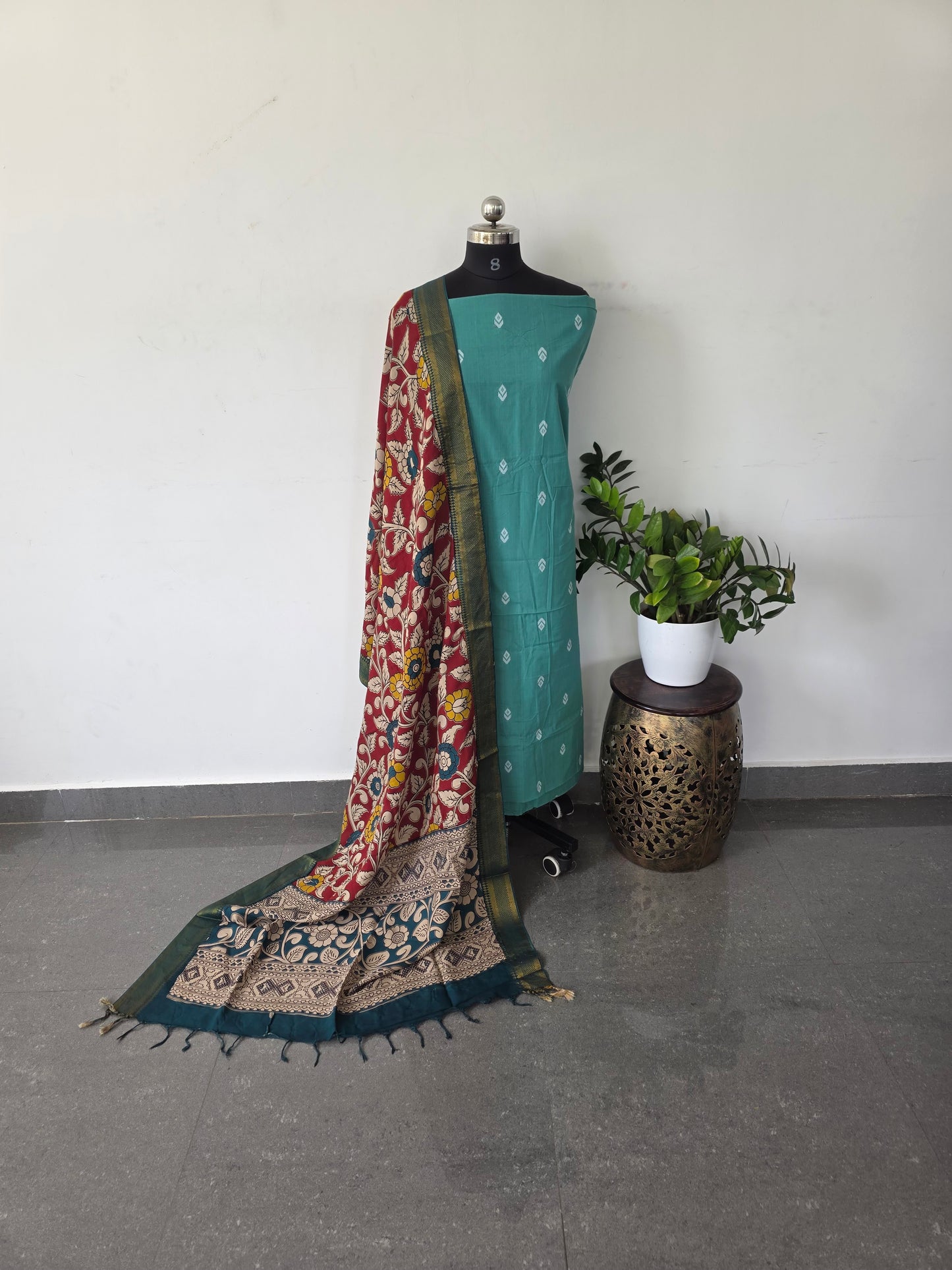 Premium mercerised cotton top with kalamkari silk shawl - MW8