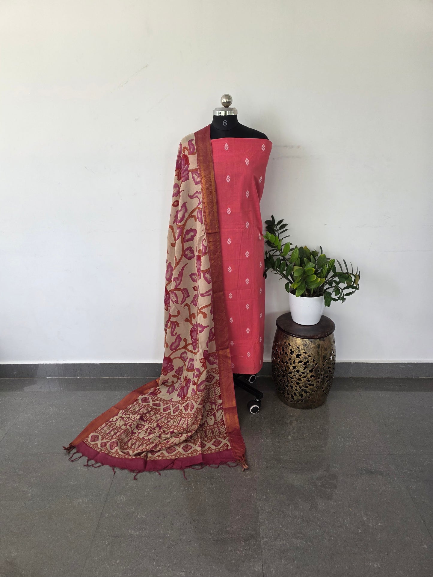 Premium mercerised cotton top with kalamkari silk shawl - MW10
