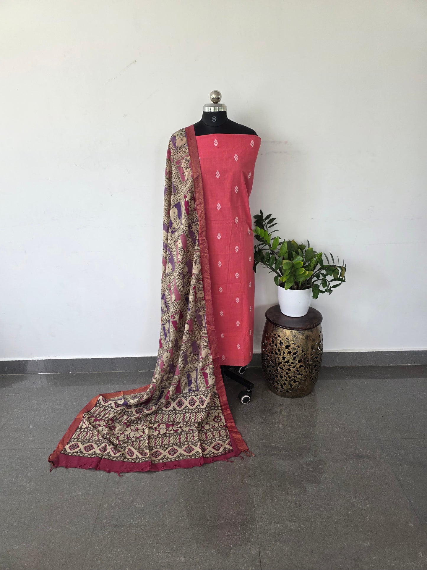 Premium mercerised cotton top with kalamkari silk shawl - MW11