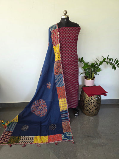 Handcrafted ajrakh cotton top with applique cotton shawl - BAA31