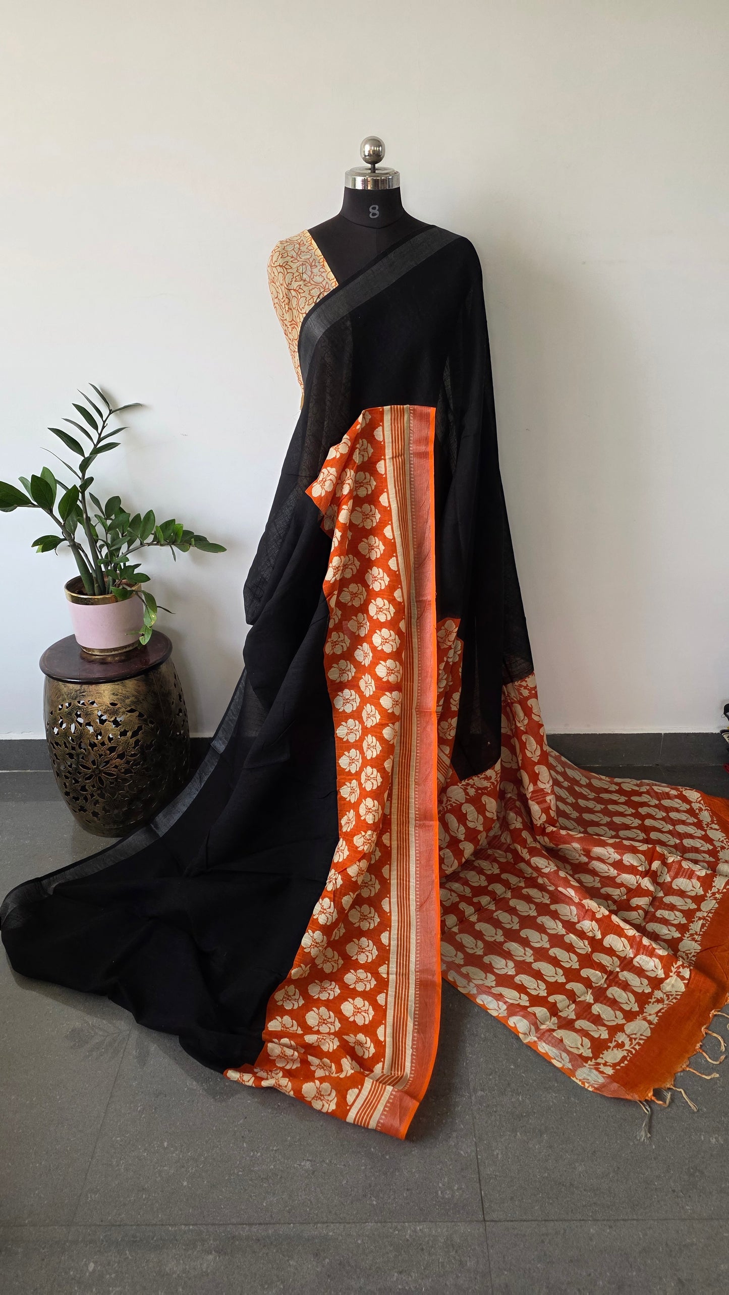 Handblock linen cotton saree - JB82