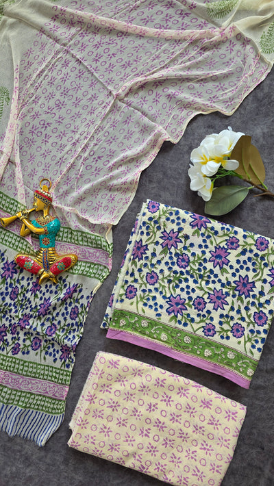 Handblock Jaipuri pure cotton with chiffon shawl - JX59