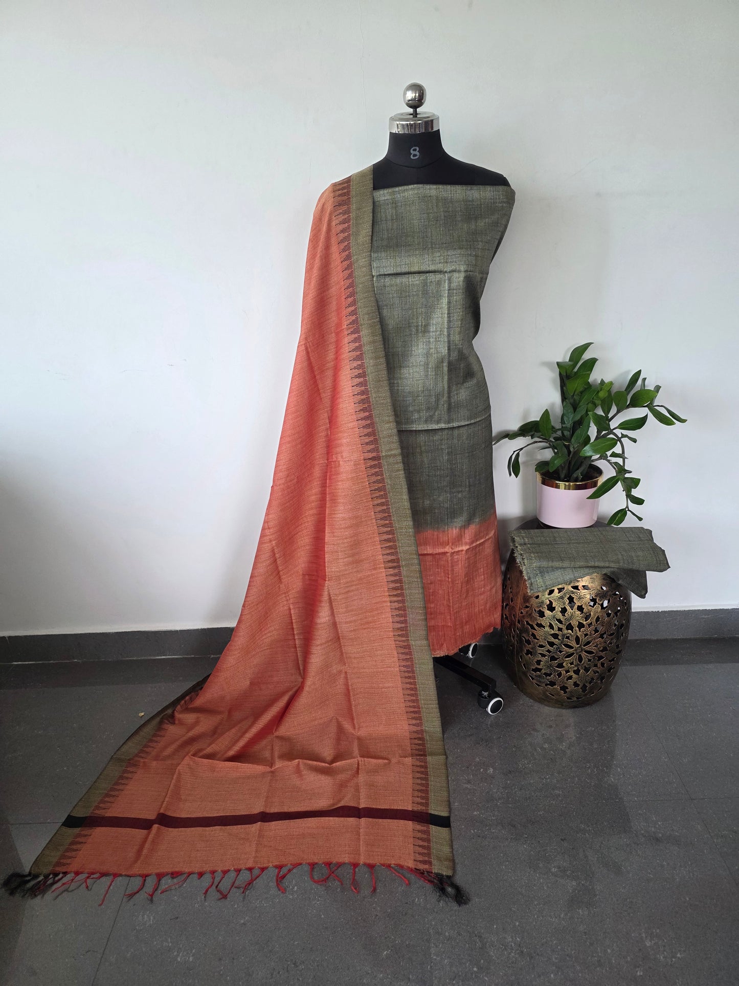Bhagalpuri Cotton khadi set with temple border silk shawl - BA199