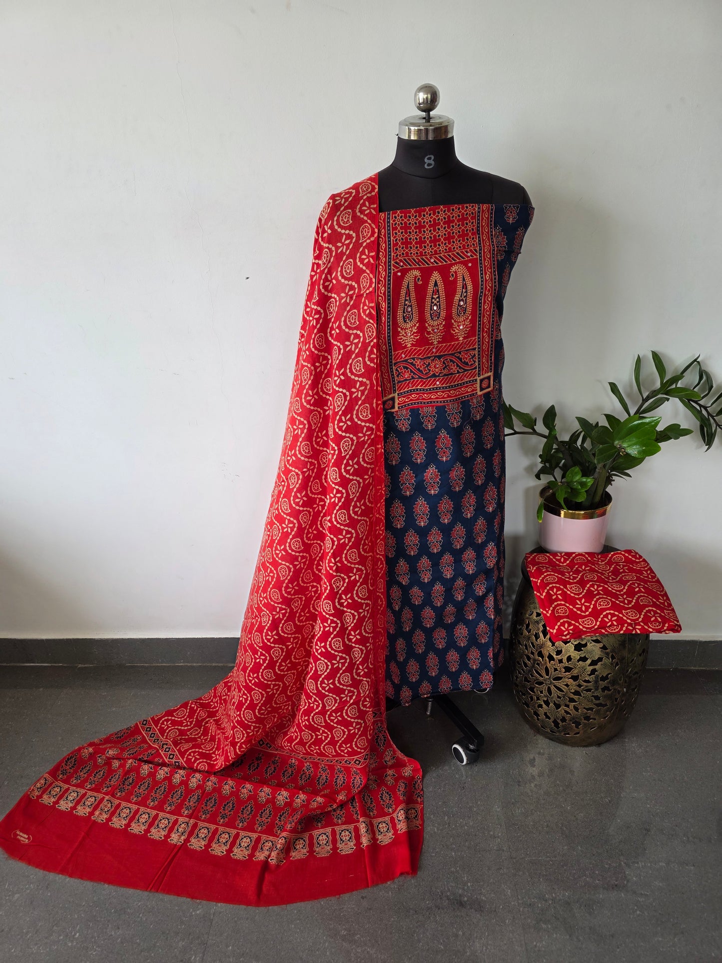 Premium Pure ajrakh cotton with gamthi neck work salwar - AS31
