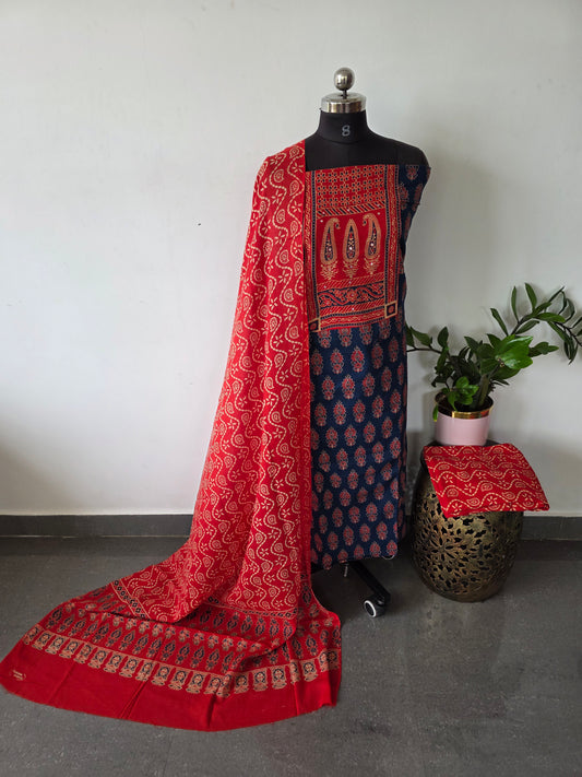 Premium Pure ajrakh cotton with gamthi neck work salwar - AS31