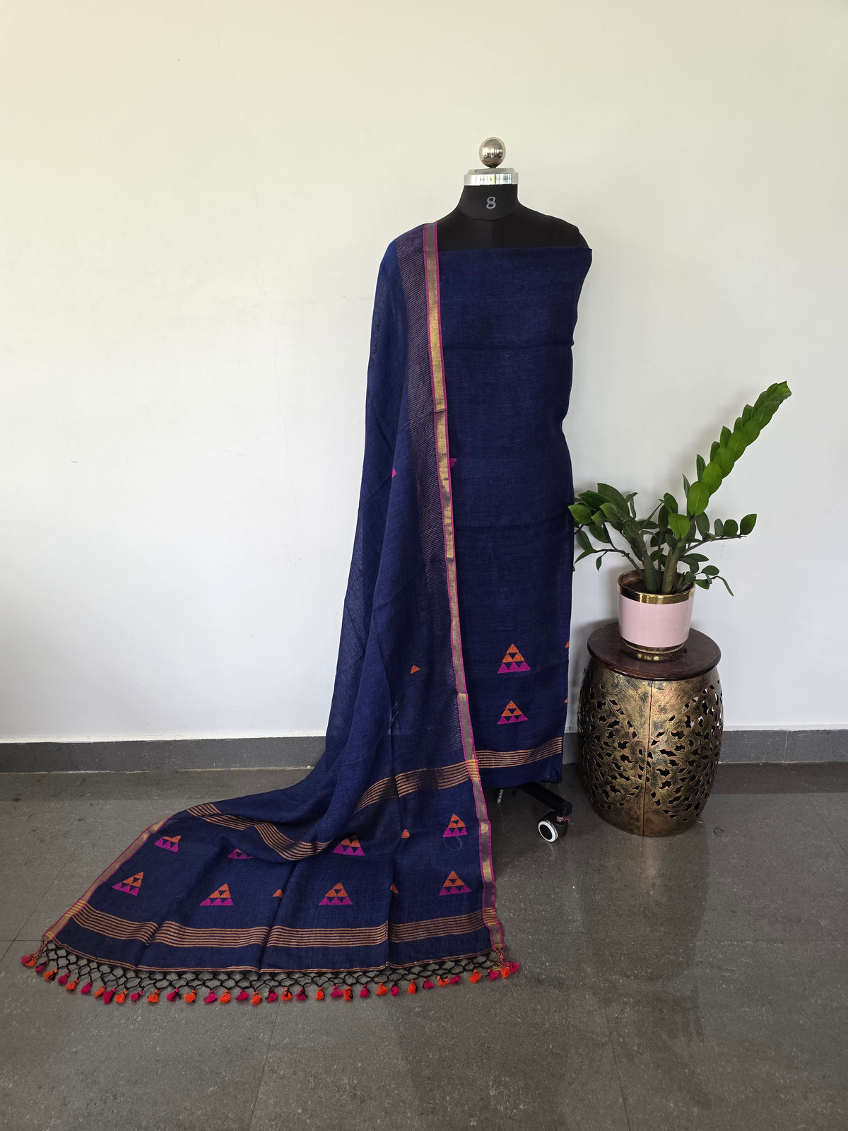 Premium handloom linen jamdhani set (blue)- JMM76