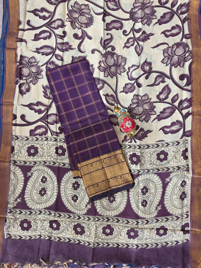 Handloom checked mangalagiri pattu top with chennuri kalamkari duppatta -AK603