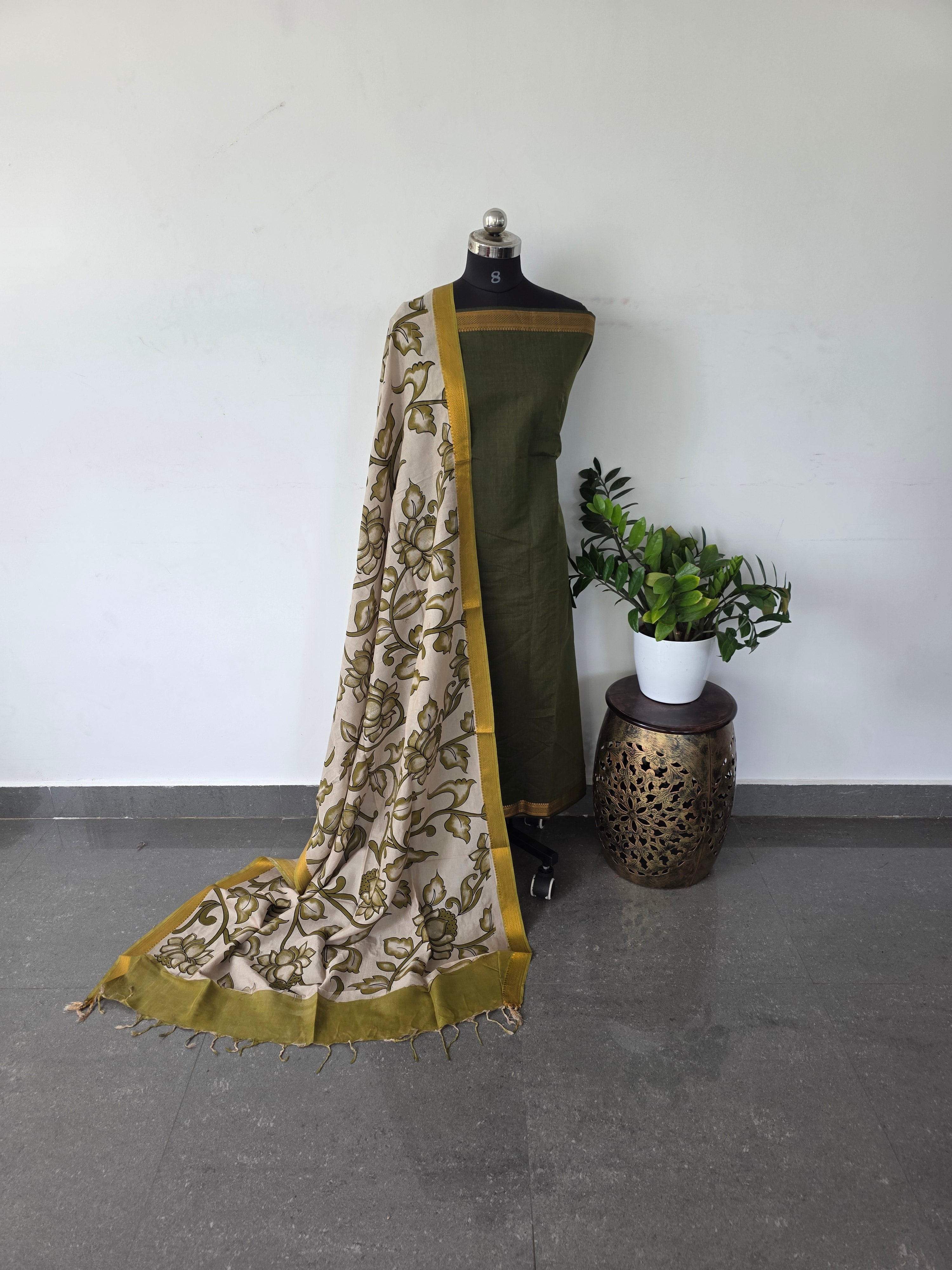 Premium mangalagiri cotton top with pure kalamkari silk shawl - MK9
