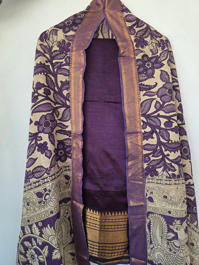 Handloom Mangalagiri silk kanchi border top with chennuri silk kalamkari shawl - AK95