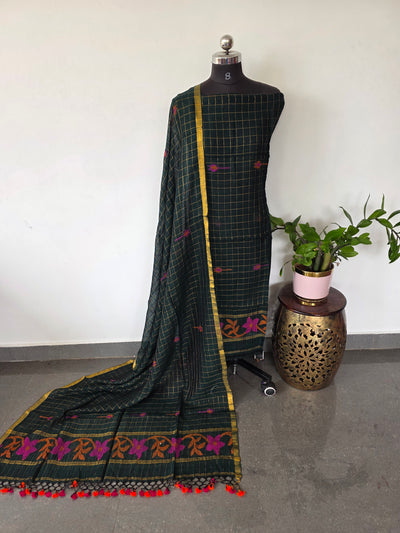 Premium checked handloom linen jamdhani set (green) - JMM347