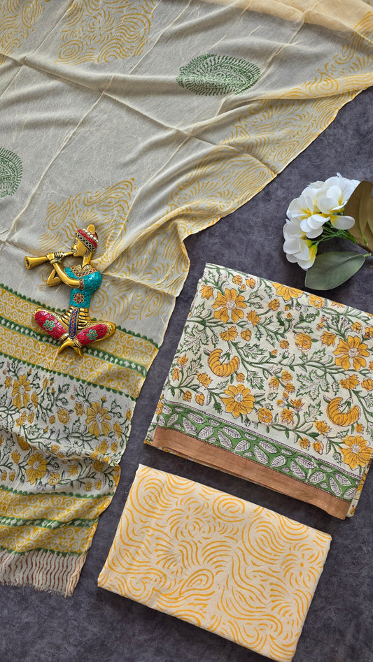 Handblock Jaipuri pure cotton with chiffon shawl - JX57