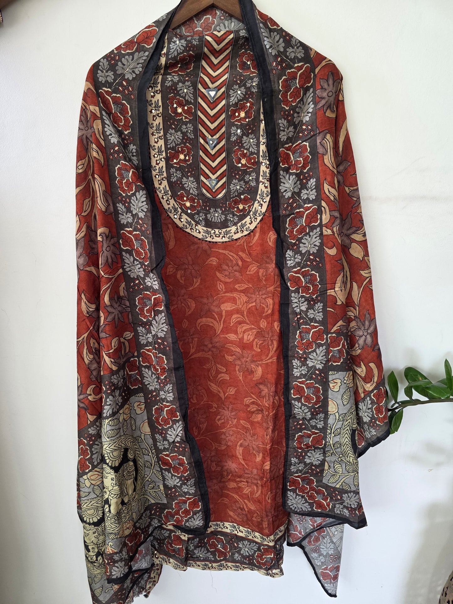 Penkalamkari inspired Muslin silk set-VM52