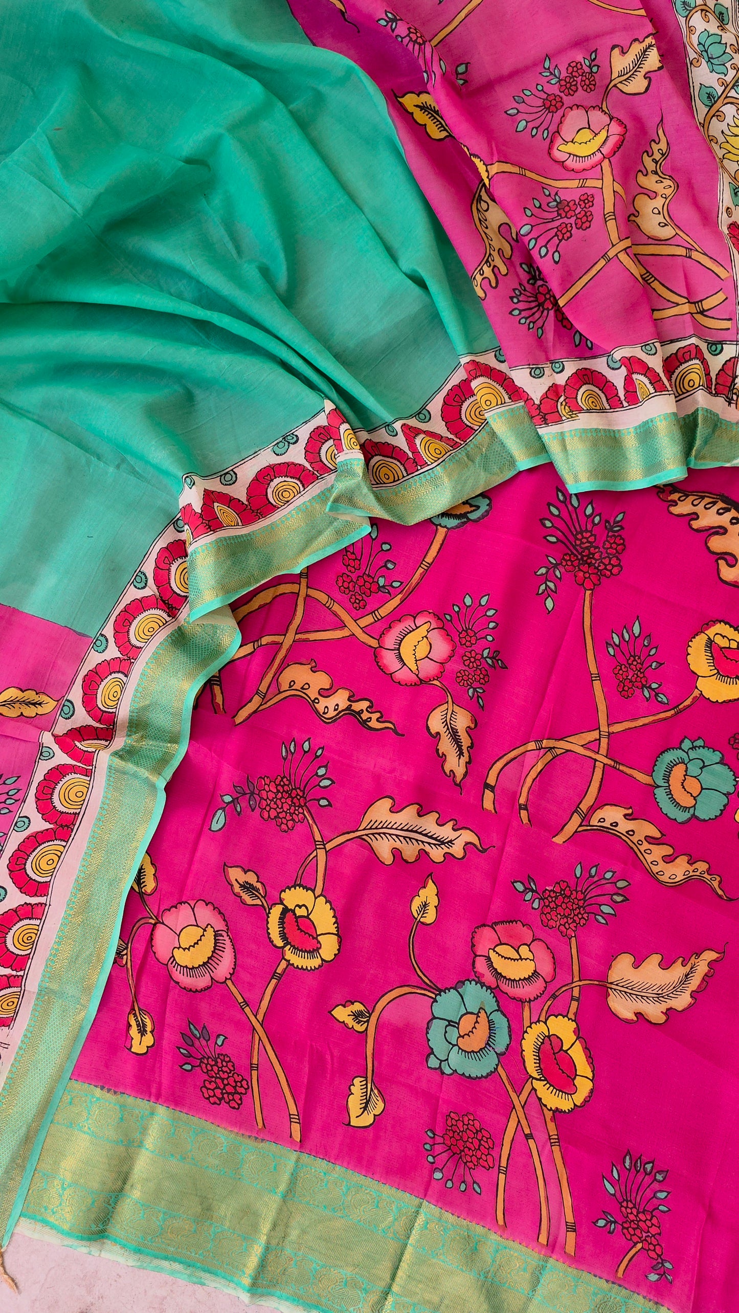 Handcrafted Kalahasthi Penkalamkari bangalore silk set - KH137