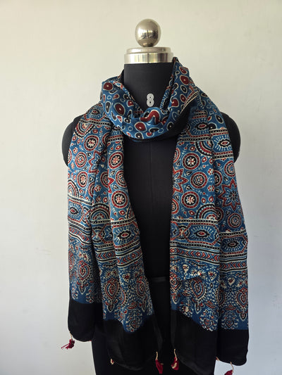 Ajrakh Handblock natural dyed mashru silk stole-MV48
