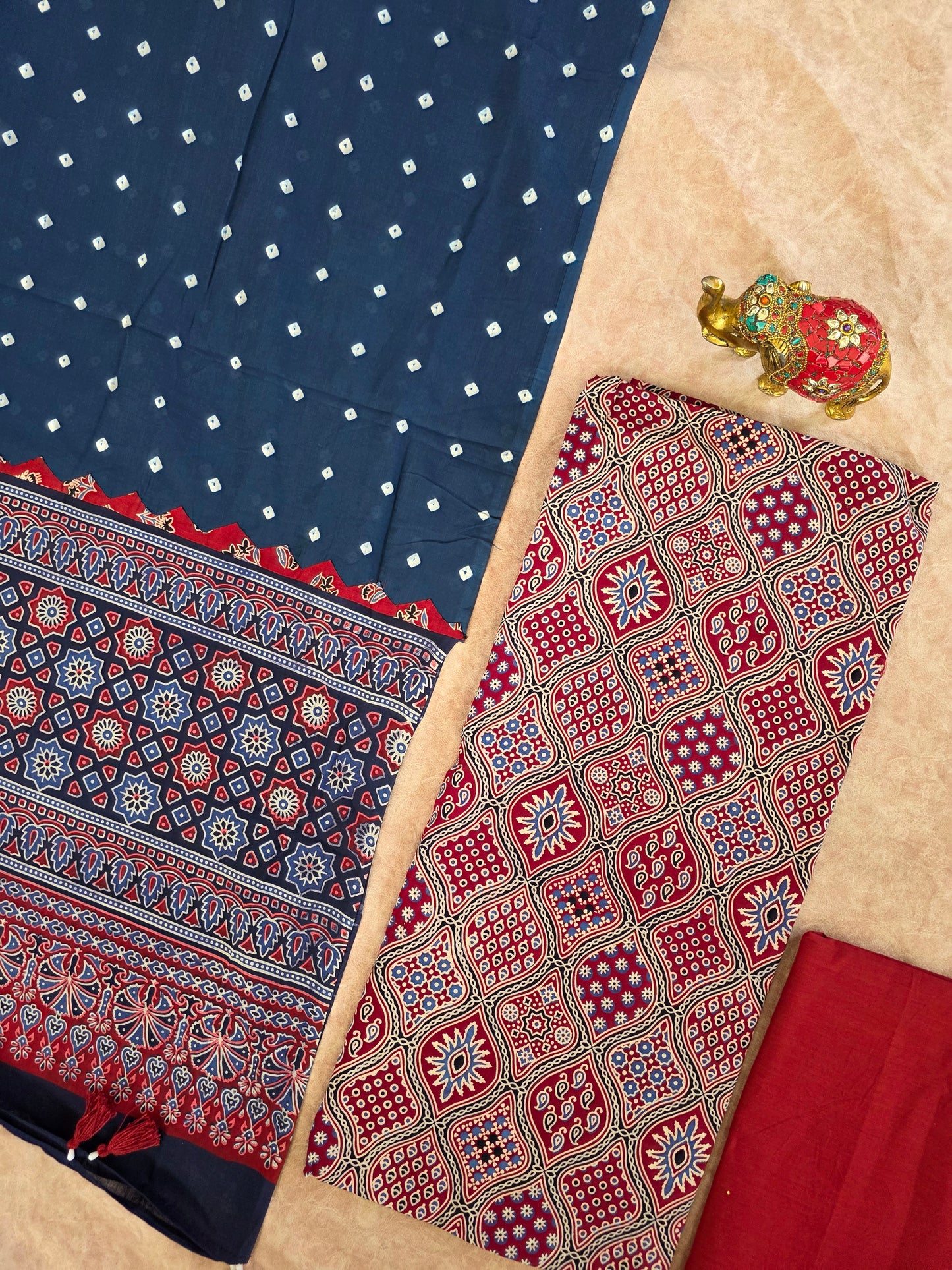 Handcrafted ajrakh cotton top with pure bandhani cotton shawl - BAA15