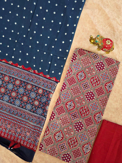 Handcrafted ajrakh cotton top with pure bandhani cotton shawl - BAA15