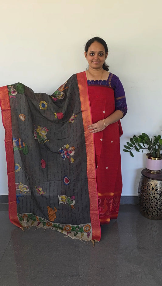 Pochampally Sico top with ramayana script penkalamkari silk shawl- SP8