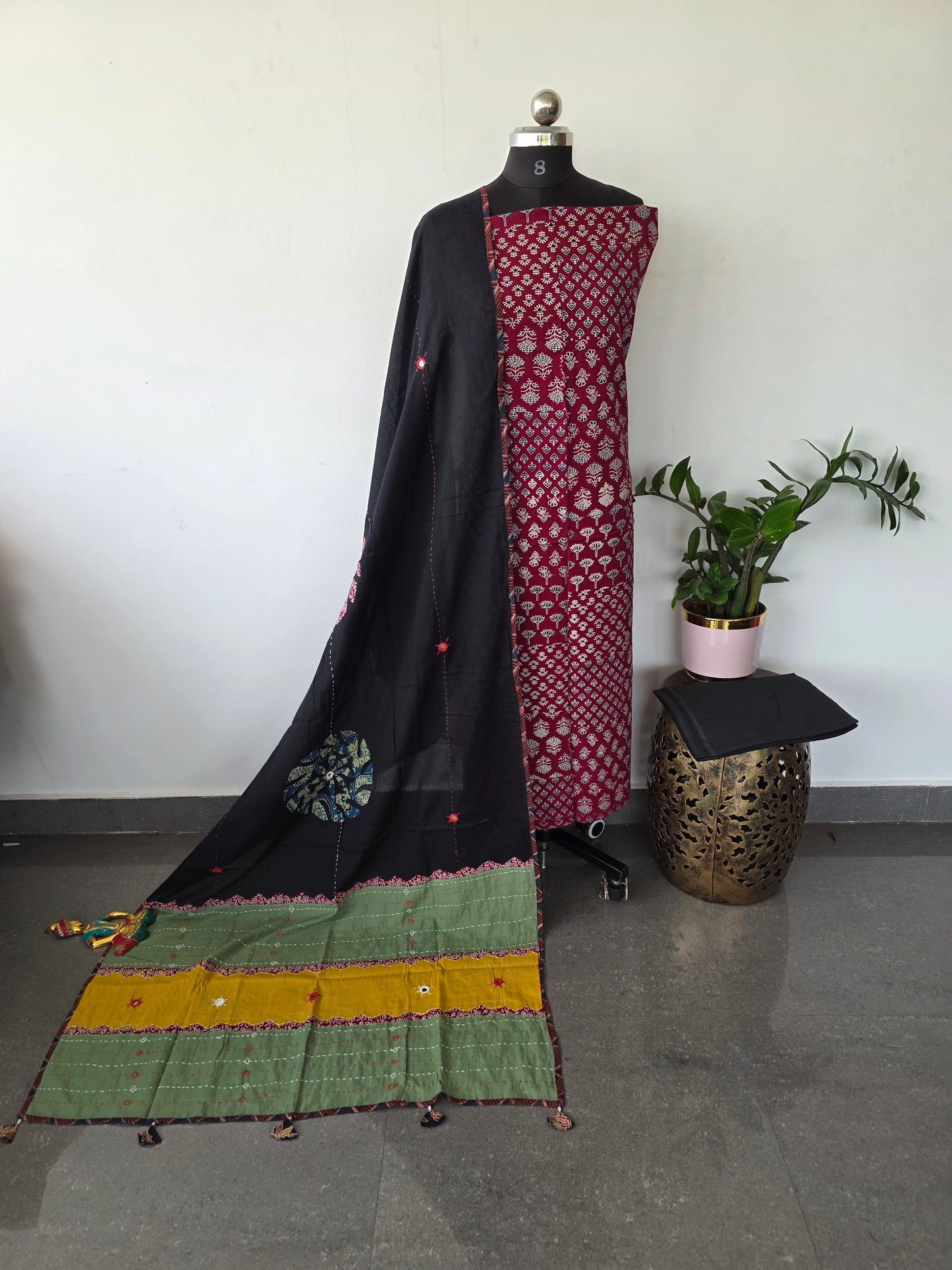 Handcrafted ajrakh cotton top with kantha applique mirror  cotton shawl - BAA65