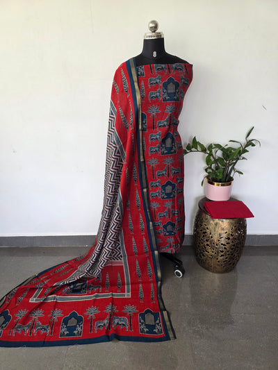 Ajrakh inspired semi maheshwari silk set-HZ376