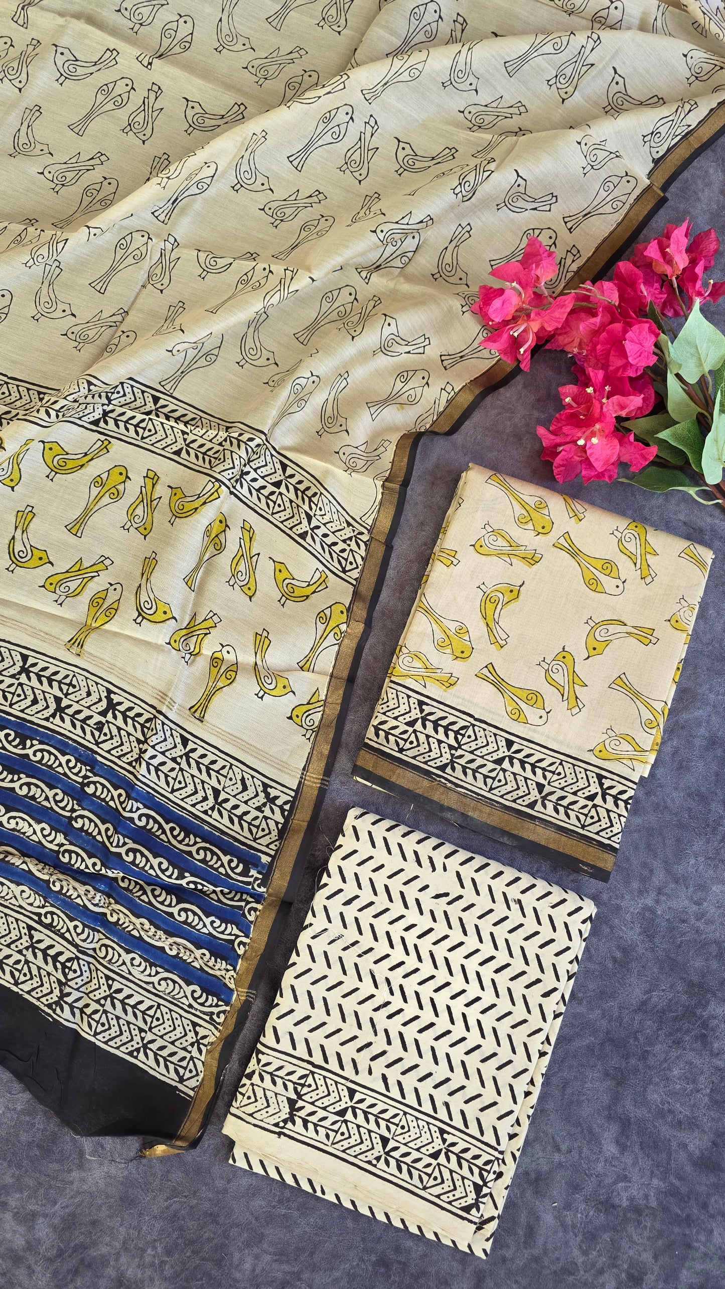 Handblock Jaipuri chanderi silk set - JA297
