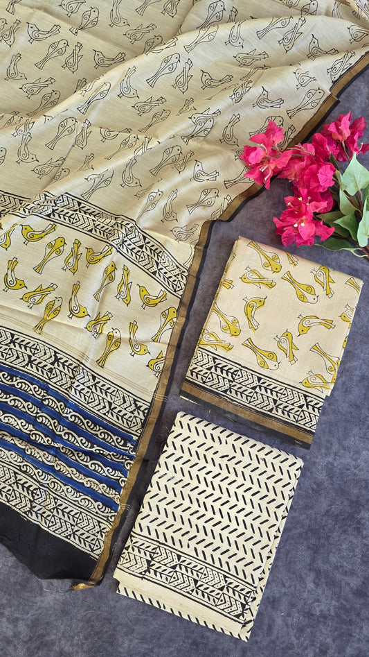 Handblock Jaipuri chanderi silk set - JA297