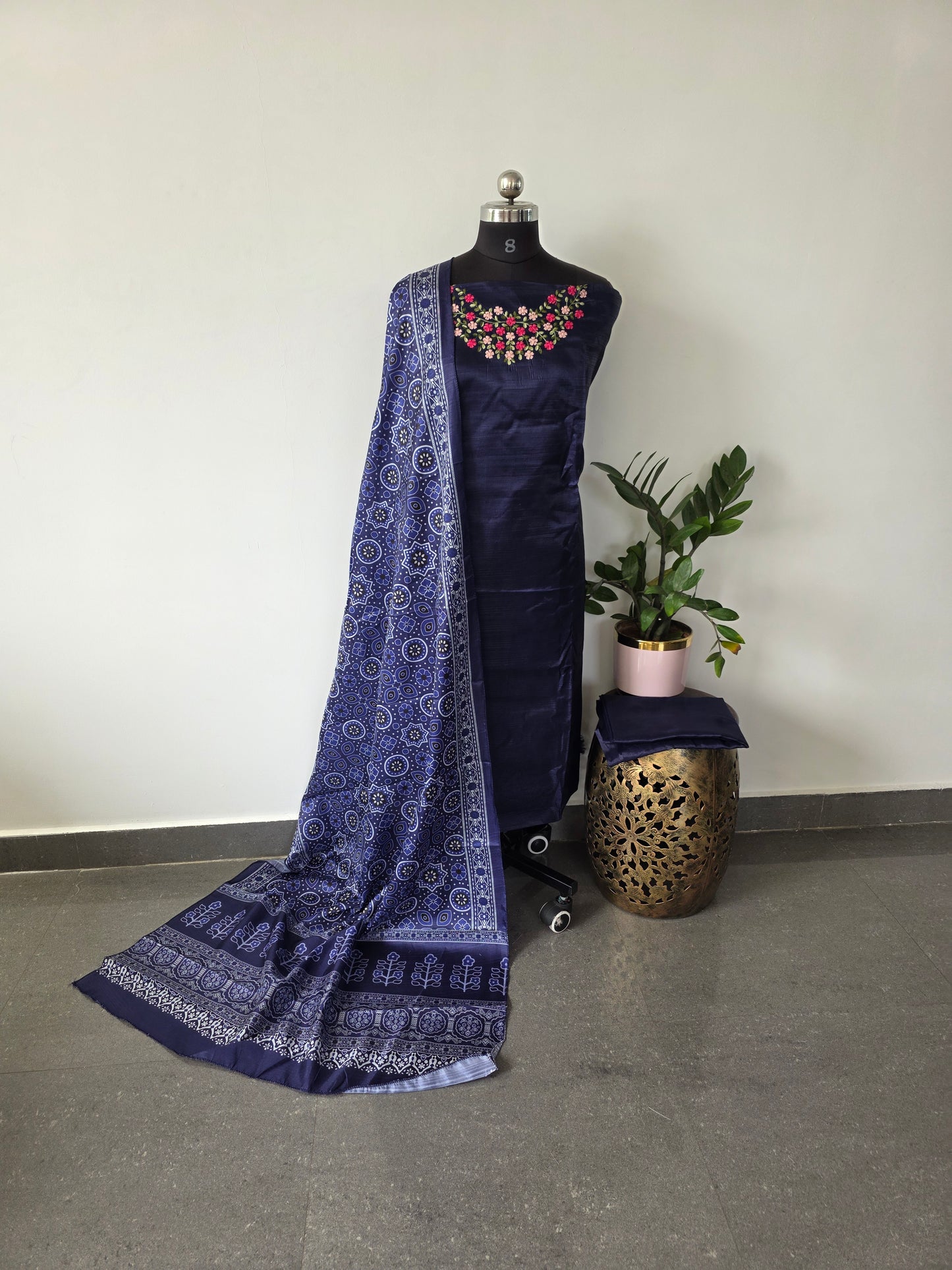 Fancy embroidery silk top with fancy ajrakh silk shawl - ff5