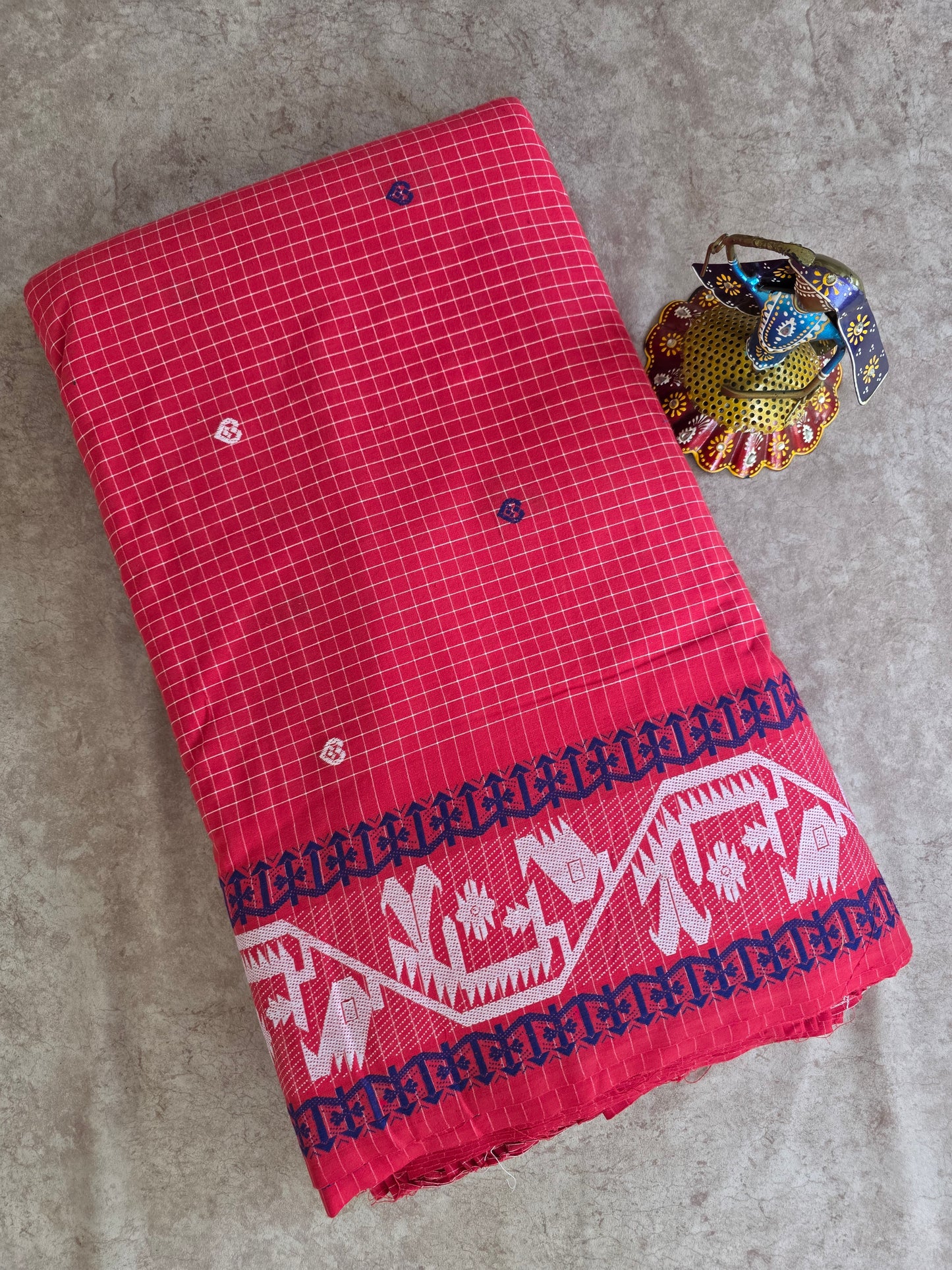 Prewashed Jamdhani Checked Pure handloom cotton running material (0.5 mtrs)  - HRM100