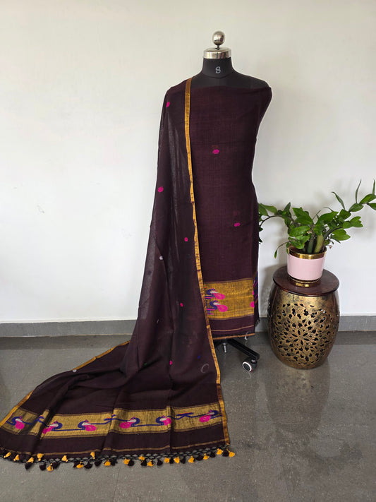 Premium handloom linen Paithani jamdhani set (brown) - JMM336