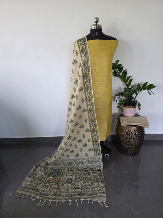 Bhagalpuri Cotton khadi set with Madhubani silk shawl- BA170