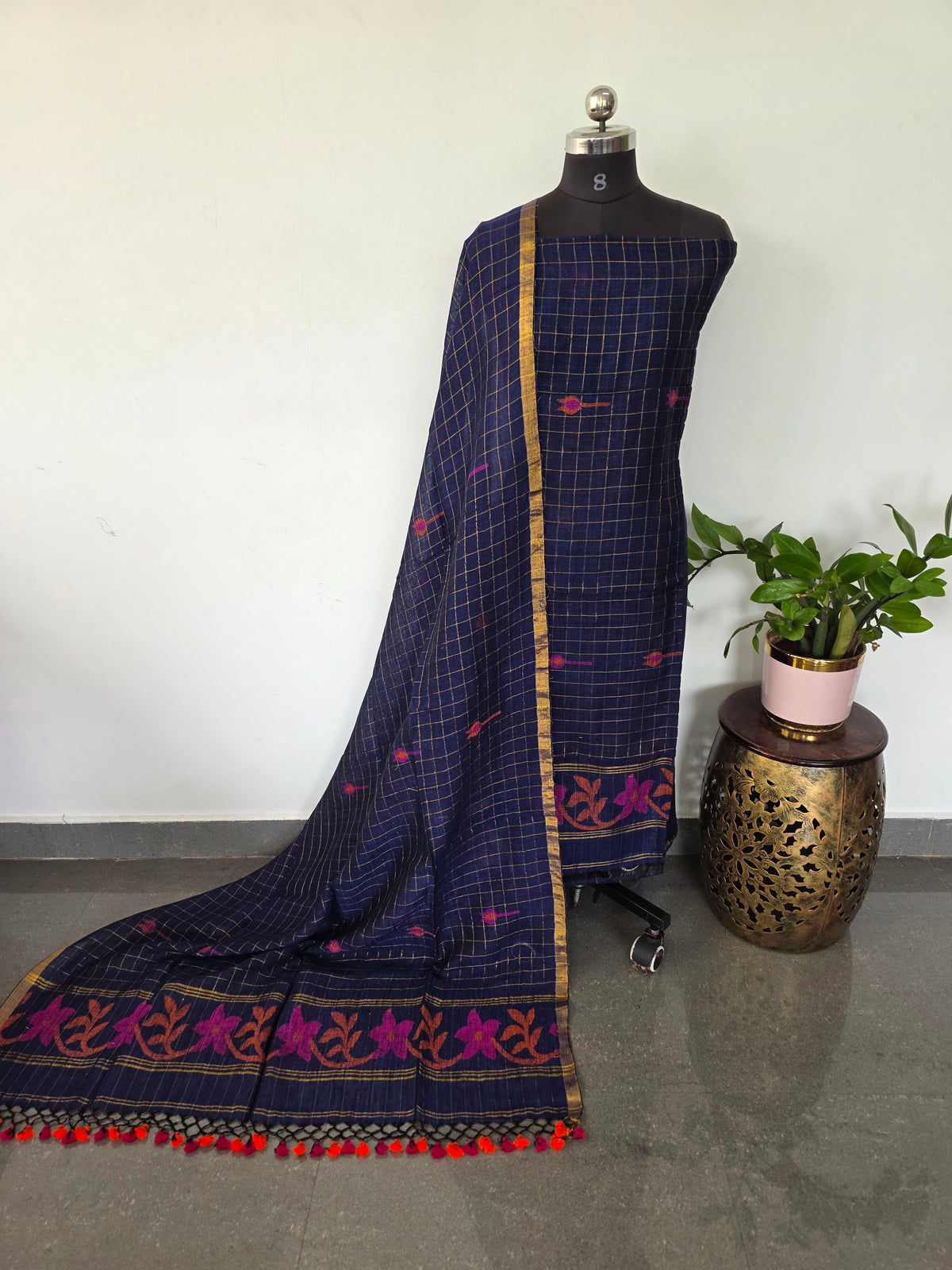 Premium checked handloom linen jamdhani set - JMM350